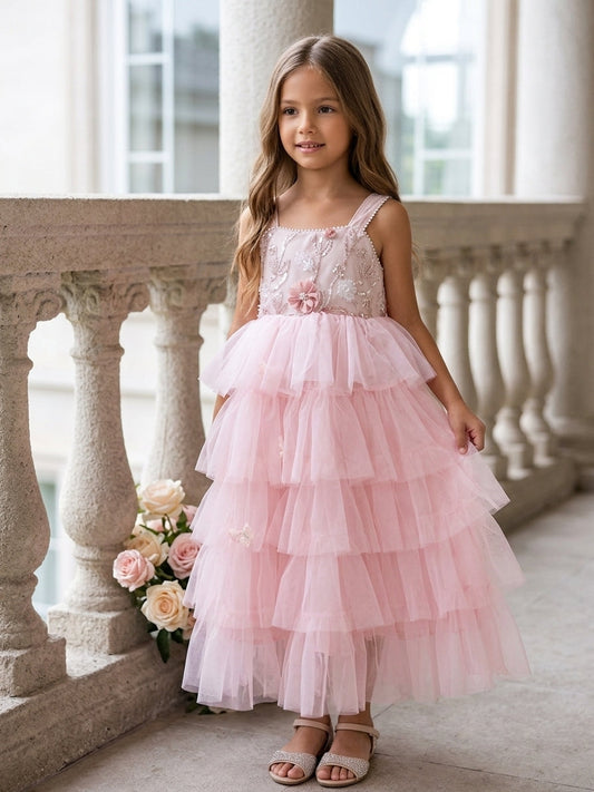 Charming A Line Square Neck Sleeveless Bow Back Tiered Flower Girl Dress
