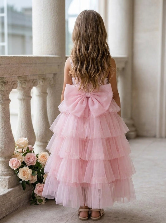 Charming A Line Square Neck Sleeveless Bow Back Tiered Flower Girl Dress