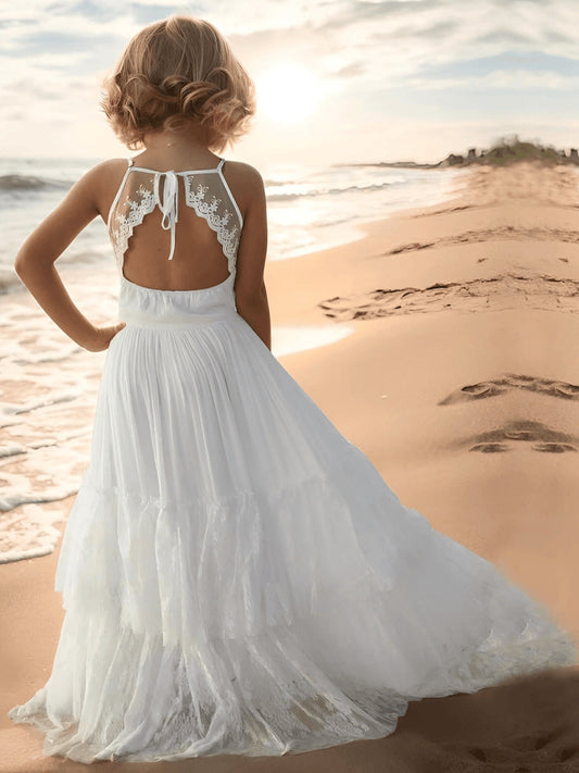 Boho A-Line Lace Spaghetti Strap Open Back Flower Girl Dress