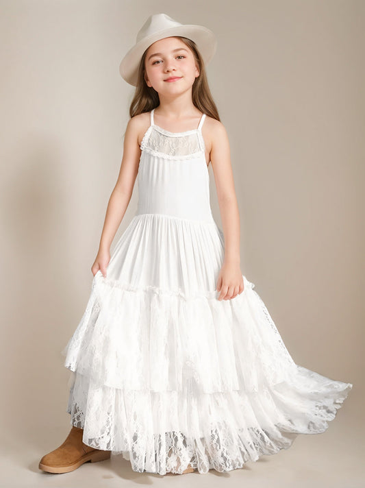Boho A-Line Lace Spaghetti Strap Open Back Flower Girl Dress