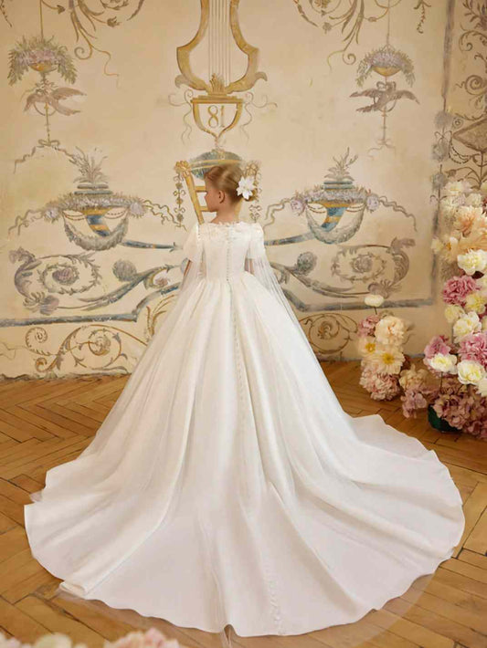 Luxury Ballgown Round Neck Puff Sleeve Button Back Train Flower Girl Dress