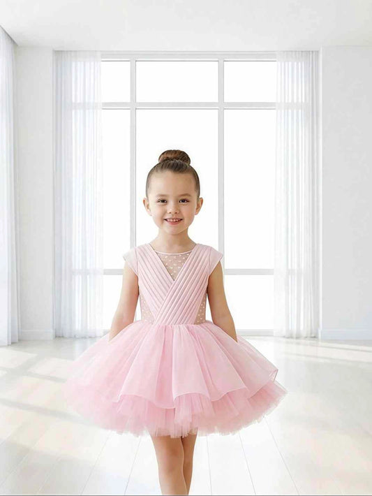 Blush A-Line V-Neck Cap Sleeve Deep V Back Short Flower Girl Dress