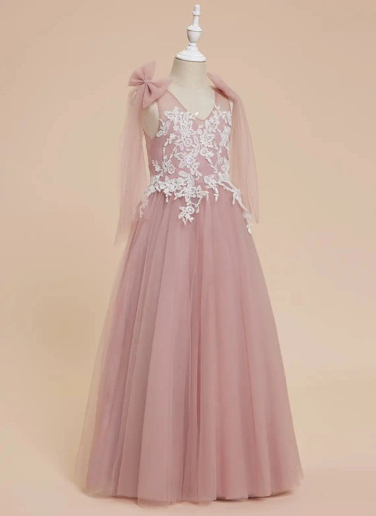Elegant A Line V Neck Cape Sleeve Bow Back Maxi Flower Girl Dress