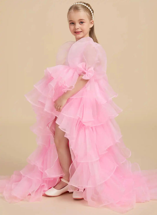 Luxury A?Line Round Neck Puff Sleeve V?Back High?Low Train Flower Girl Dress