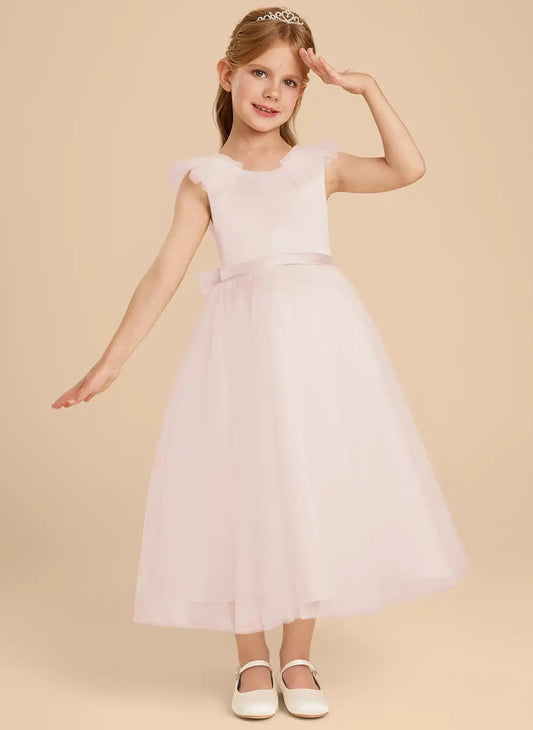 Elegant A-Line Round Neck Flutter Sleeve V-Back Midi Flower Girl Dress