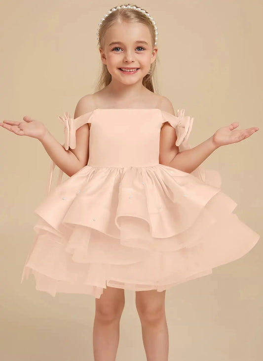 Elegant A-Line Off Shoulder Off Sleeves Zipper Back Short Flower Girl Dress