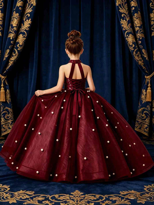 Burgundy Ball Gown Halter Sleeveless Crisscross Lace Back Floor Length Flower Girl Dress