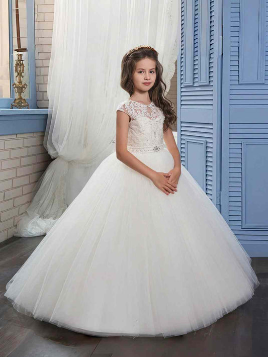 Ivory Lace Ball Gown Illusion Neck Cap Sleeve V-Back Long Train Flower Girl Dress