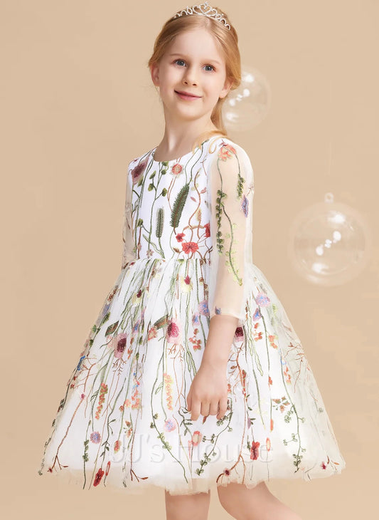 Vibrant A?Line Round?Neck 3/4?Sleeve Zipper?Back Knee?Length Flower Girl Dress