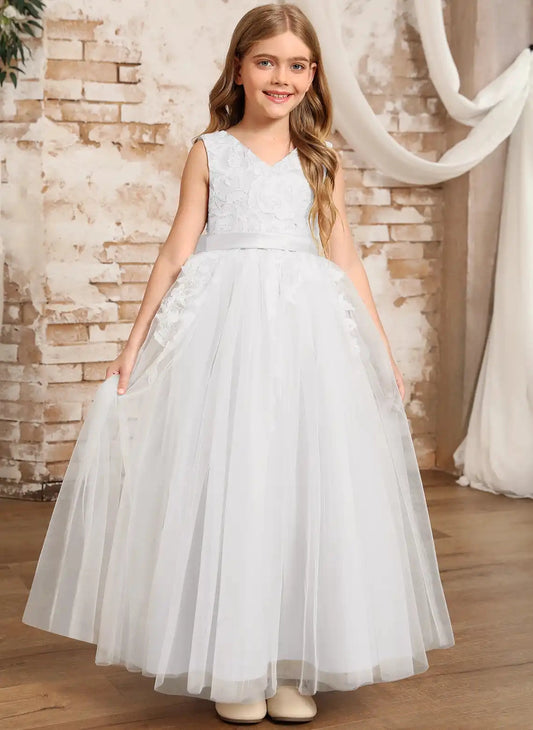 Elegant A Line V Neck Sleeveless V Back Floor Length Flower Girl Dress