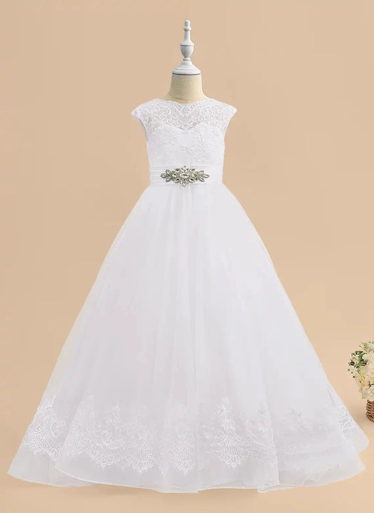 Elegant A?Line Boat Neck Cap Sleeve V?Back Floor Length First Communion Dress