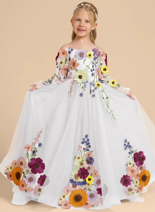 Elegant A?Line Square Neck Long Sleeve Zip?Back Train?Length Flower Girl Dress