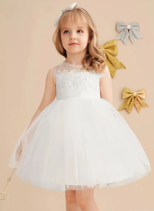 Elegant A?Line Illusion Neck Sleeveless Cutout Back Knee?Length Flower Girl Dress >