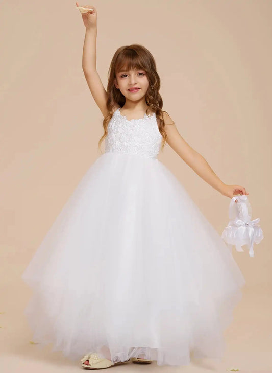 Elegant A?Line Spaghetti Strap Sleeveless Zipper?Back Floor?Length Flower Girl Dress >