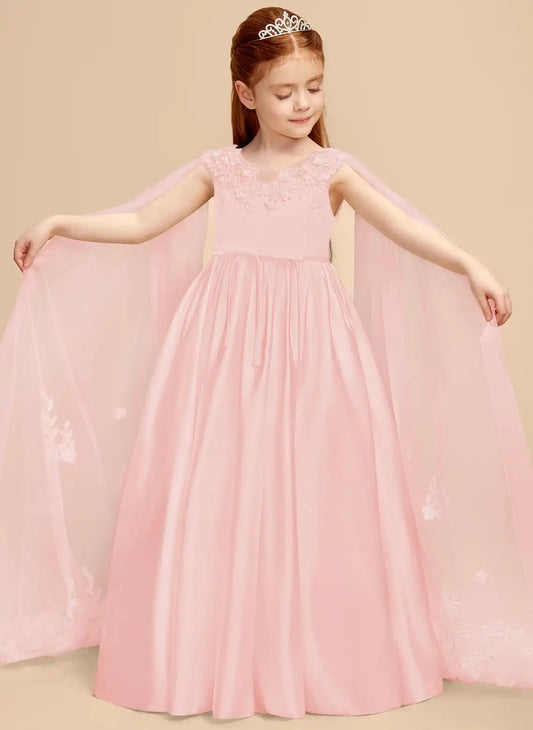 Elegant A-line Round Neck Sleeveless V Back Floor Length Flower Girl Dress