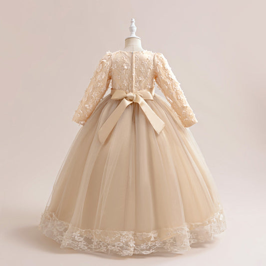 Elegant A-Line Floral Lace Long Sleeve Bow Back Flower Girl Dress