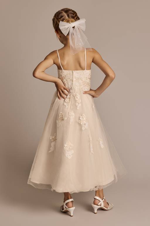 Romantic A-Line Straight Neck Spaghetti Strap Lace Tulle Flower Girl Dress