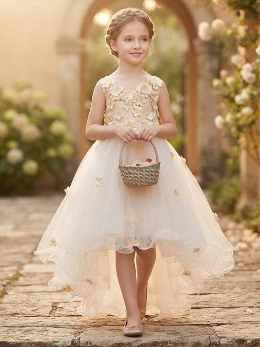 Romantic A-Line Round Neck Floral Bow Back High-Low Flower Girl Dress