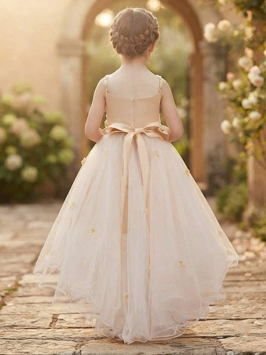 Romantic A-Line Round Neck Floral Bow Back High-Low Flower Girl Dress
