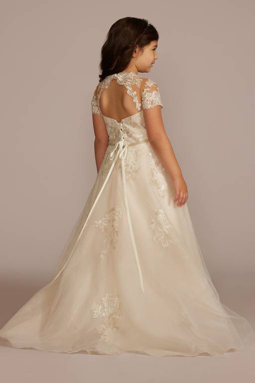 Elegant A-Line Illusion Neck Cap Sleeve Lace Tulle Flower Girl Dress