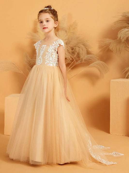 Heowos champagne flower girl dress with illusion lace bodice cap sleeves and floor-length tulle skirt
