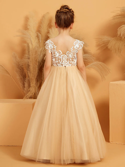 Heowos Elegant A-Line Illusion Neck Cap Sleeve V-Back Floor-Length Flower Girl Dress