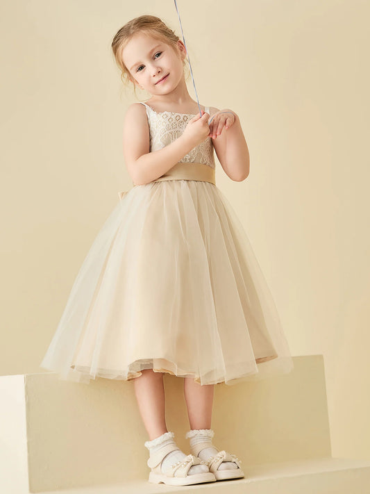 Heowos champagne flower girl dress with lace bodice spaghetti straps and tea-length tulle skirt