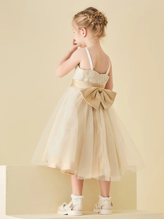 Elegant A-Line Square Neck Spaghetti Strap Bow Back Tea-Length Flower Girl Dress