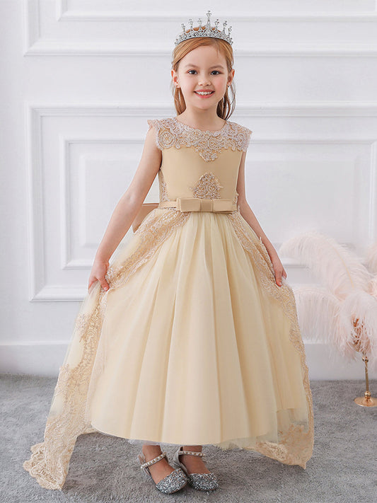Elegant A-Line Lace Round Neck Bow Train Flower Girl Dress