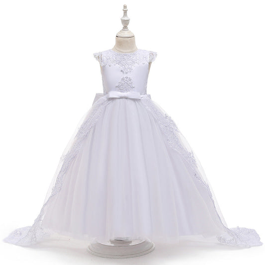 Elegant A-Line Lace Round Neck Bow Train Flower Girl Dress
