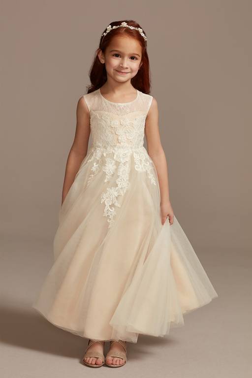 Elegant A-Line Round Neck Sleeveless Lace Tulle Back Flower Girl Dress