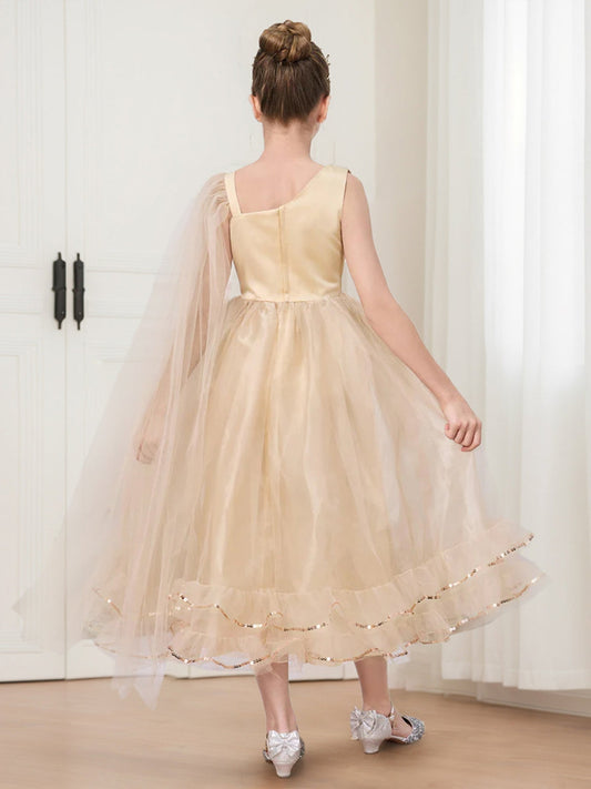 Sparkling A-Line One Shoulder Cape Sleeve Tea-Length Flower Girl Dress