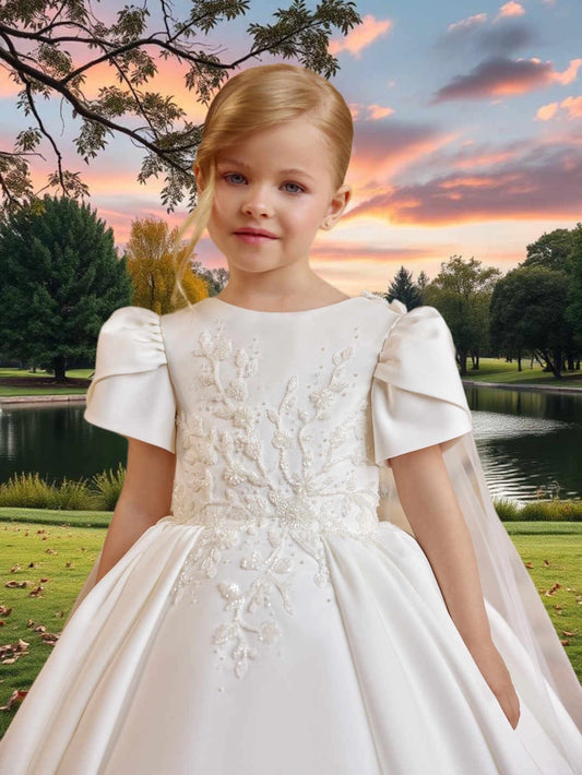 Elegant Ball?Gown Round?Neck Puff?Sleeve Lace?Back Train?Length First?Communion Dress