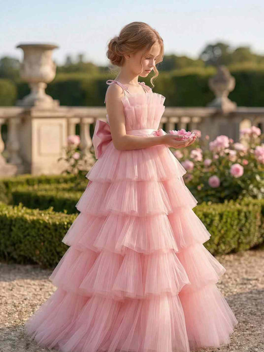 Sweet Ballgown Square Neck Spaghetti Strap Open Back Floor Length Pink Tiered Flower Girl Dress