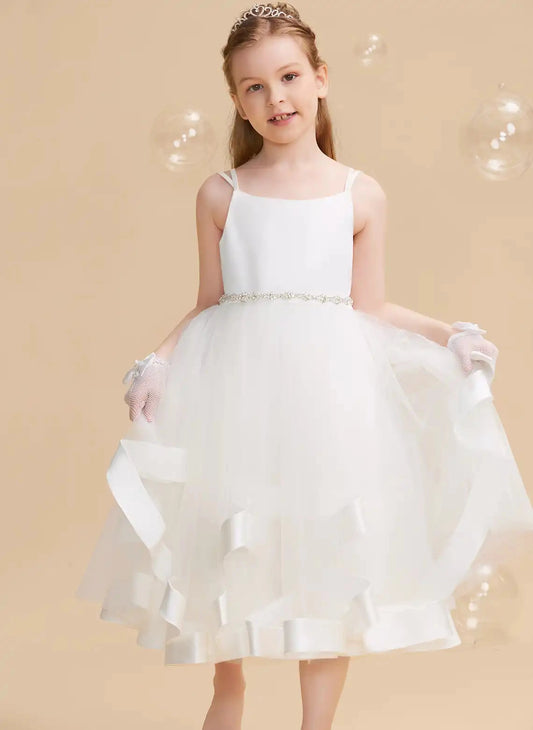 Elegant A Line Square Neck Sleeveless Open Back Tea Length Flower Girl Dress