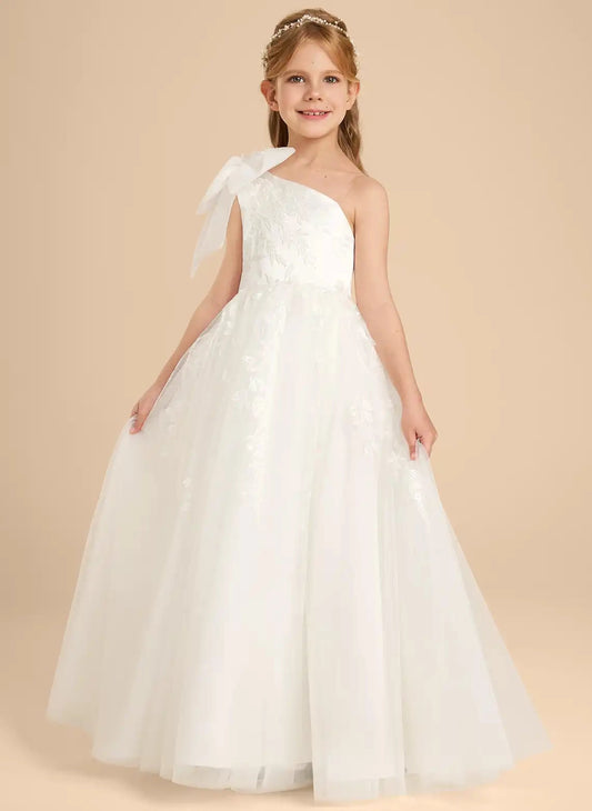 Elegant A?Line One?Shoulder Bow Sleeve Zipper?Back Floor?Length Junior Bridesmaid Dress