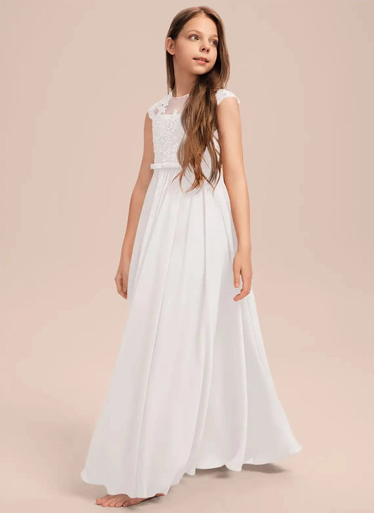 Elegant A?Line Round Neck Cap Sleeve Illusion Back Floor?Length Junior Bridesmaid Dress