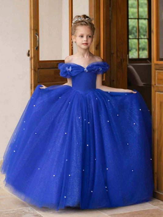 Royal Blue Ball Gown Off Shoulder Short Sleeve V Back Floor Length Flower Girl Dress