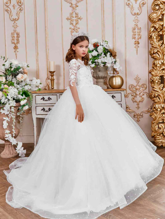 Luxury Ball Gown High Neck Long Sleeve Illusion Zipper Back Train Length Flower Girl Dress