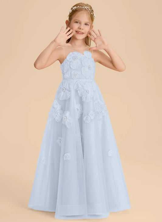 Elegant A?Line Illusion Sleeveless Keyhole Lace?Up Floor?Length Flower Girl Dress