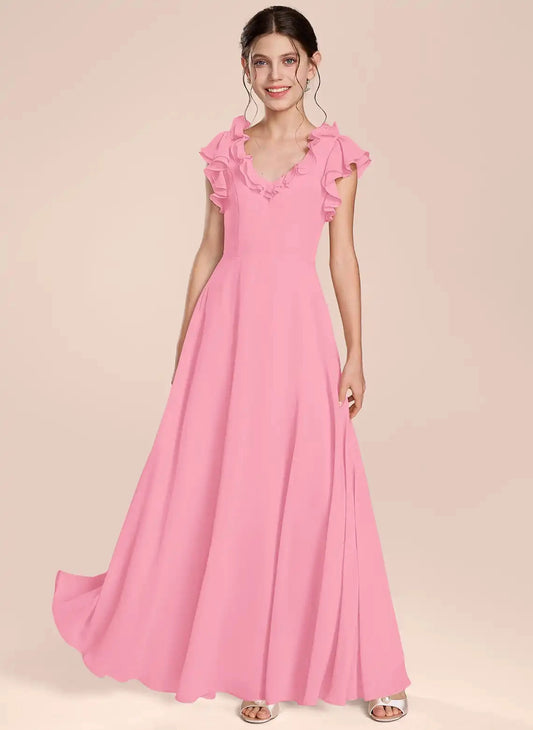 Elegant A?Line V?Neck Ruffle Cap Sleeve Scoop Back Floor?Length Junior Bridesmaid Dress