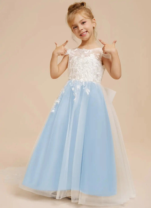 Elegant A-line Round Neck Flutter Sleeve V Back Floor Length Flower Girl Dress