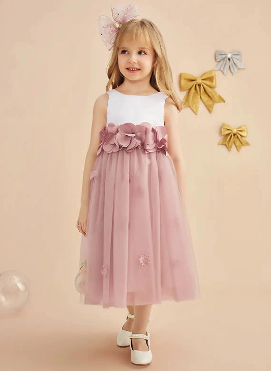 Elegant A Line Round Neck Sleeveless Bow Back Midi Flower Girl Dress