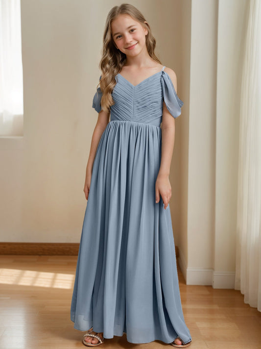 Elegant A-Line V-Neck Cold Shoulder V-Back Floor-Length Junior Bridesmaid Dress
