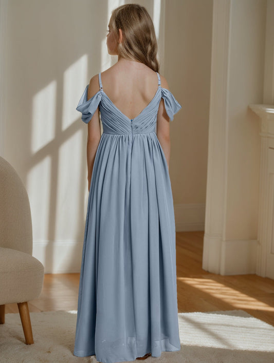Elegant A-Line V-Neck Cold Shoulder V-Back Floor-Length Junior Bridesmaid Dress
