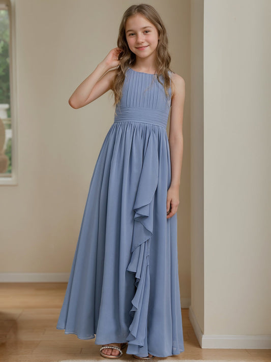 Elegant A-Line Round Neck Sleeveless Strappy Back Floor-Length Junior Bridesmaid Dress