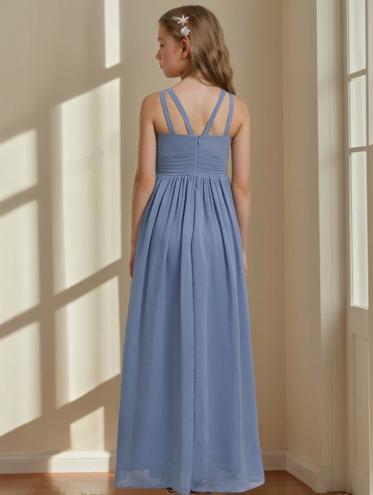 Elegant A-Line Round Neck Sleeveless Strappy Back Floor-Length Junior Bridesmaid Dress