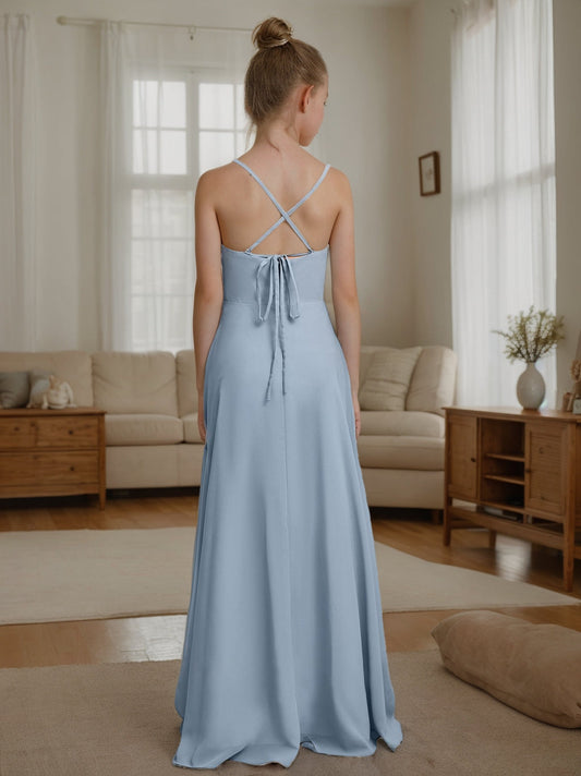 Chic A-Line V-Neck Spaghetti Strap Tie-Back Floor-Length Junior Bridesmaid DressV