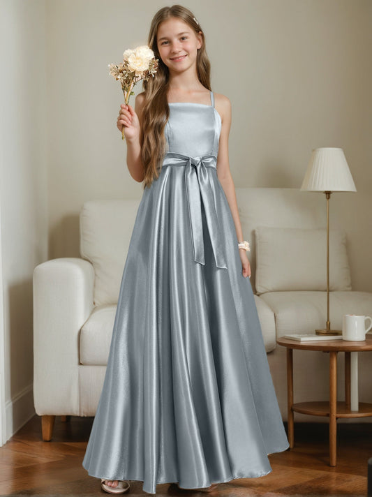 Elegant A-Line Square Neck Spaghetti Strap Floor-Length Junior Bridesmaid Dress