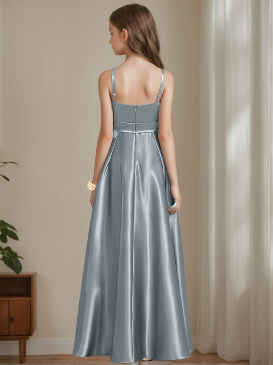 Elegant A-Line Square Neck Spaghetti Strap Floor-Length Junior Bridesmaid Dress